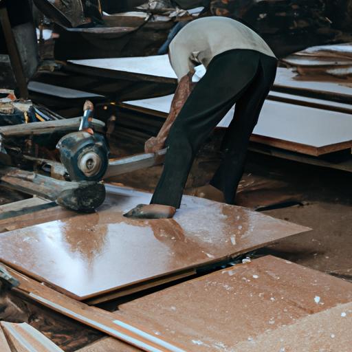 Công nhân cắt tấm ván ép tại nhà máy ở Nghệ An