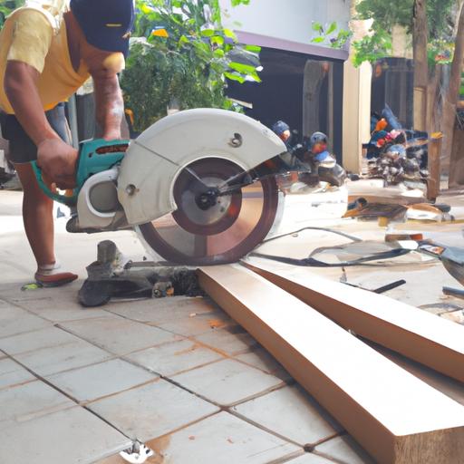 Công nhân đang sử dụng máy cưa để cắt một miếng ván ép Nhật Minh cho dự án xây dựng.