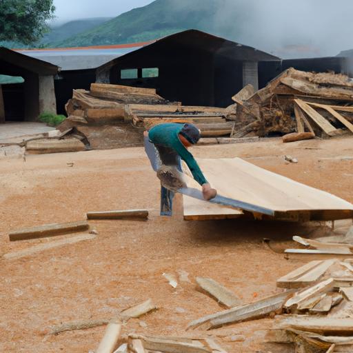 Công nhân chế biến gỗ để sản xuất ván ép tại Yên Bái