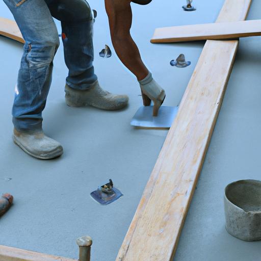 Công nhân đang lắp đặt ván ép dày làm sàn nhà, đảm bảo độ bền và chịu lực tốt.