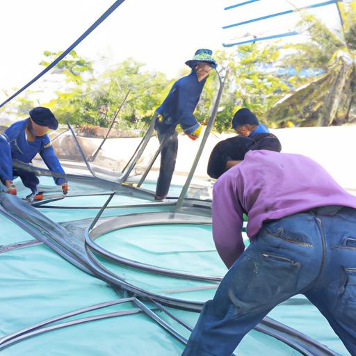 Nhóm công nhân lắp đặt ván ép phủ phim trên công trình xây dựng tại Đà Nẵng.