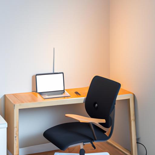 Một không gian làm việc tối giản với bàn làm việc ván ép sang trọng và ghế ngồi thoải mái.