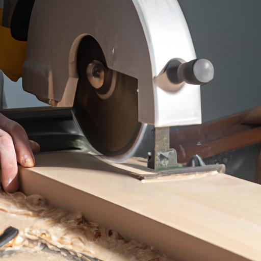Thợ mộc sử dụng máy cưa tròn để cắt một tấm ván ép gỗ dán