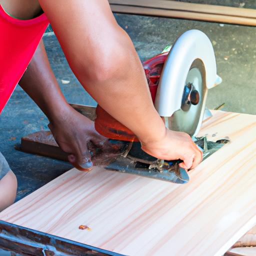 Một thợ mộc đang sử dụng máy cưa tròn để cắt tấm ván ép plywood